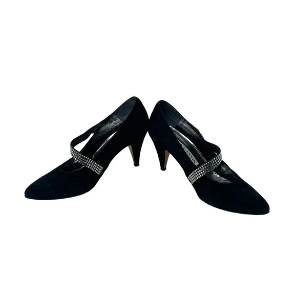 Lanvin Paris Vintage Black Satin Suede Rhinestone Band Bumps Size 35‎ / US 5 - Picture 5 of 8